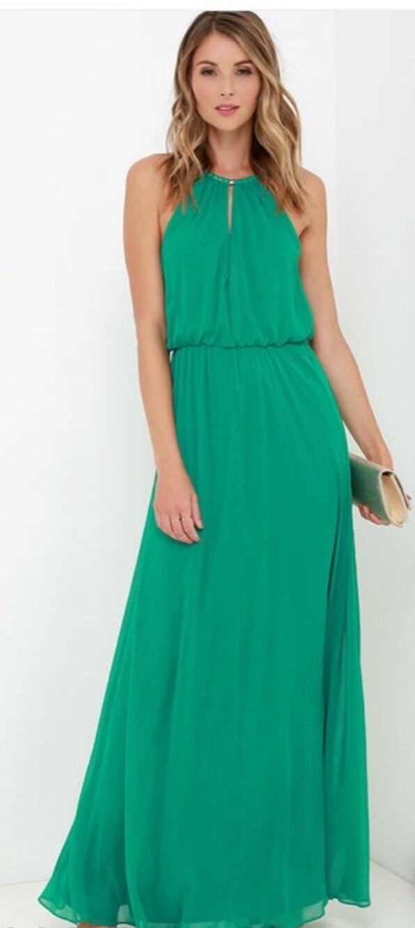 Halter neck Green Maxi Pleated Dress with gold neck accents size 2